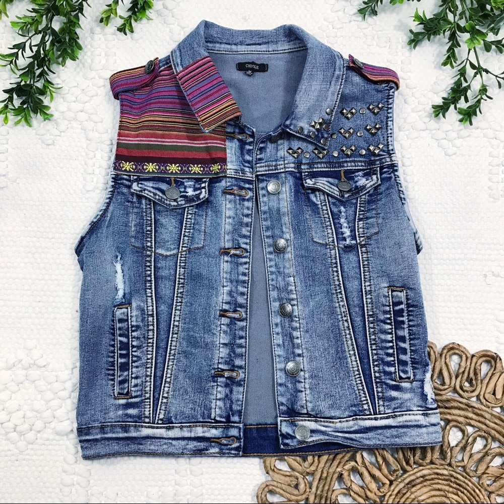 Chiole Distressed Stud & Textile Detail Denim Vest